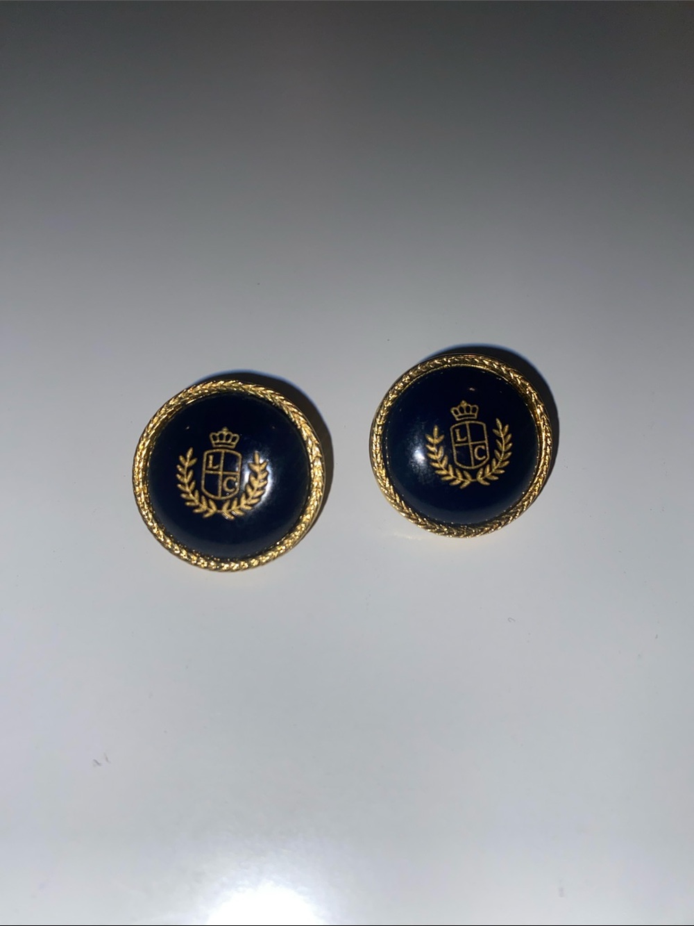 LCI Vintage Navy Blue and Gold Crest Button Earrings